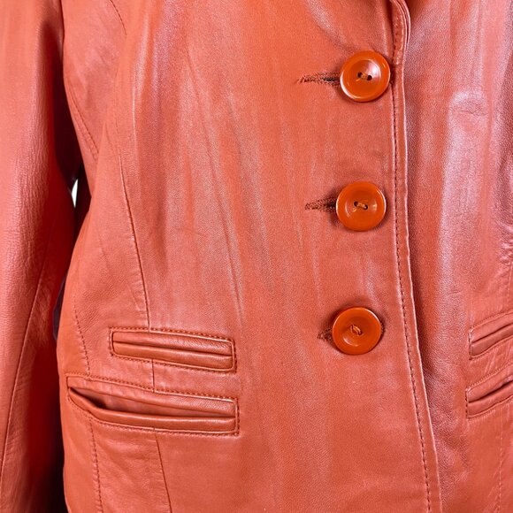Cache Women's Orange Faux Leather Button-Front Jacket Stylish Fit - Picture 5 of 11